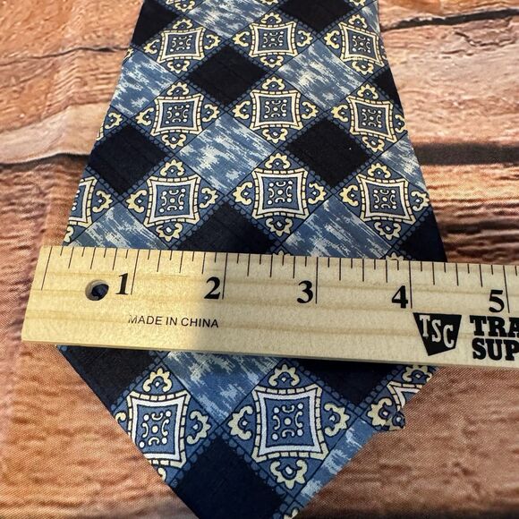 Jean Patou Paris Necktie Men’s Blue Silk Geometric Checked Wide 50” Regency - Picture 6 of 6